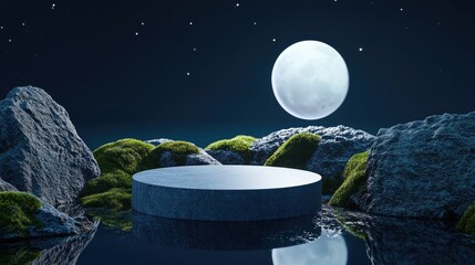 3D podium background featuring a stone display on dark blue water with moss covered rocks Podium for cosmetic beauty product promotion set against a night landscape with sky and moon Abstract mini