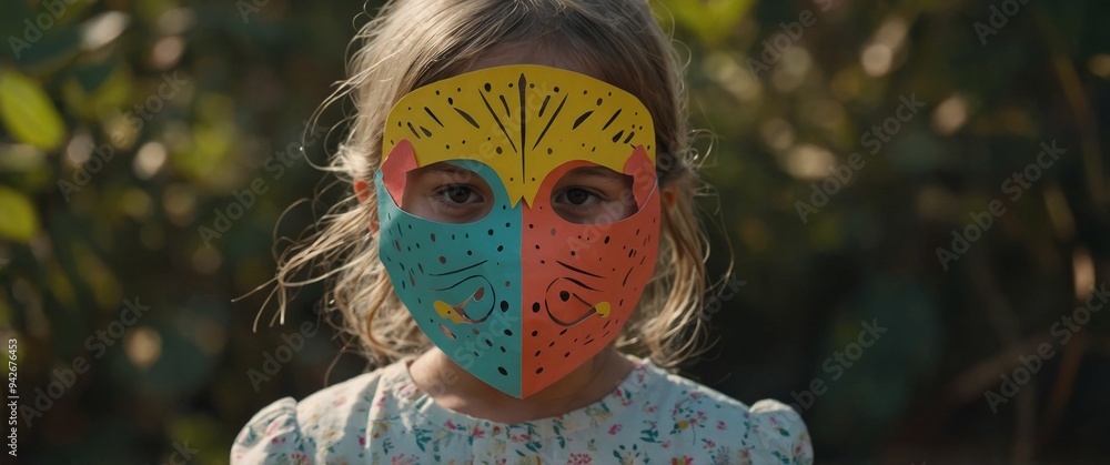 Little child girl wearing a coloured animal paper mask fronting her ...