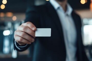 A man is holding a white business card in his hand. Concept of professionalism and formality, as the man is dressed in a suit and tie