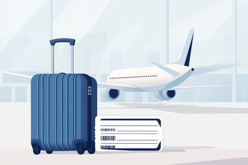 Minimalist travel concept illustration with suitcase and airplane ticket on clean background