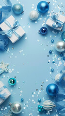 Wall Mural - christmas and new year holiday blue mockup background. christmas gifts on blue background top view. 