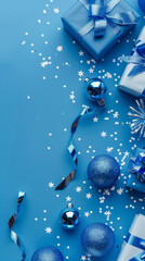Wall Mural - christmas and new year holiday blue mockup background. christmas gifts on blue background top view. 
