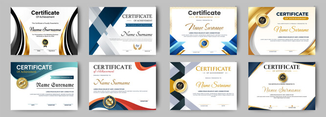 Certificates of achievement template with luxury badge. Eight choice of certificates For award, business, and education needs. Diploma vector template