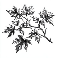 Black and white Vintage engraved art of a maple tree branch, isolated on white background, ink sketch illustration, simple vector art design, highly detailed line art, high contrasty 