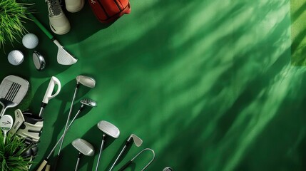 Golf equipment laid out on a green background with a bag, shoes and balls. There is green grass in the bottom left corner.