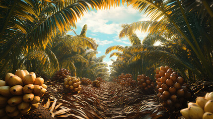 Wall Mural - realistic palm garden, ripe palm fruit ready to harvest