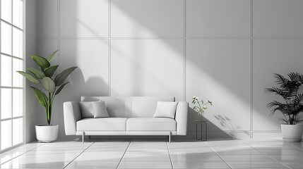 A minimalist living room with a white sofa, white walls, and a white tiled floor. The room is decorated with two potted plants and a vase of white flowers.