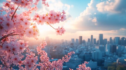 Artistic postcard featuring cherry blossoms in a Tokyo landscape, modern Japan theme with vivid pink and white flowers, photorealistic city backdrop.