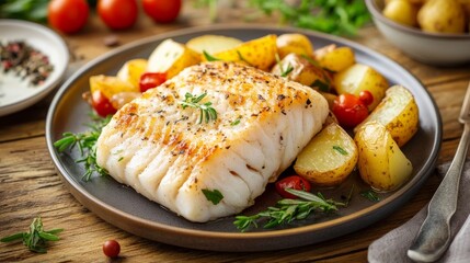 Wall Mural - Fried cod, potatoes, and veggies on wood