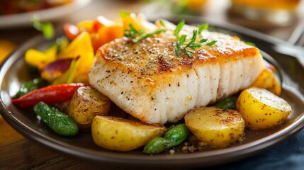 Wall Mural - Cod fillet, potatoes, and veggies on table