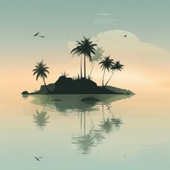 Wall Mural - A simple, misty depiction of a desert island emerging from the water, with minimal detail highlighting its serene and remote ambiance.