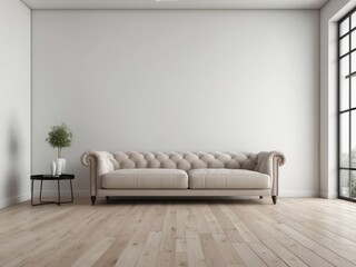 Wall Mural - White Wall Living Room with Beige Sofa and Wooden Floor