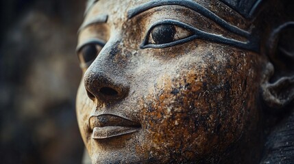 Ancient Egyptian god statue bust with photorealistic wear, high contrast details, and a soft glow, capturing the mythical essence of ancient times.