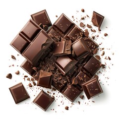 Pieces of chocolate bar, isolated and showcasing its rich, sweet cocoa flavor, perfect as a dessert or snack.