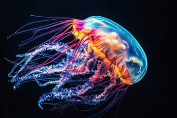 Wall Mural - Jellyfish in bright fluorescent colors with a dark background, ai