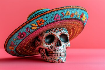 A colorful traditional mexican sugar skull with a sombrero hat on a pink background, with copy space for a Day of the Dead or Cinco de Mayo holiday celebration concept