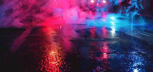 Canvas Print - Neon Lights Reflecting on Wet Asphalt