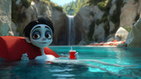 Animated Vampire Boy Relaxing in Tropical Pool with Drink in Hand at Scenic Waterfall Resort
