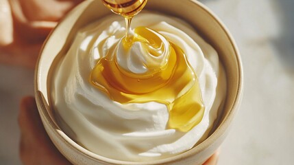 Overhead close-up of a bowl of white yogurt with honey drizzling on top, bright sunlit color, beige bowl, white table, light shadow, clinical photograph.