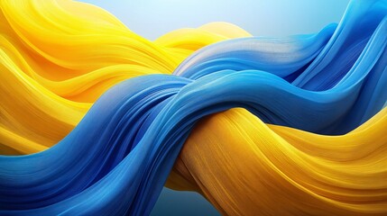 3D depiction of yellow and blue lines and ribbons in construction, bright lighting, horizon backdrop, capturing naturalism and Ukrainian essence.