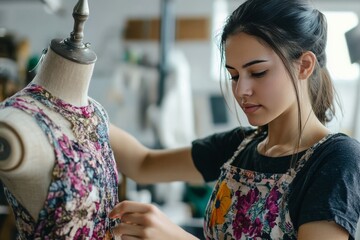 Portrait of a stylish female fashion designer creating unique garments on a mannequin