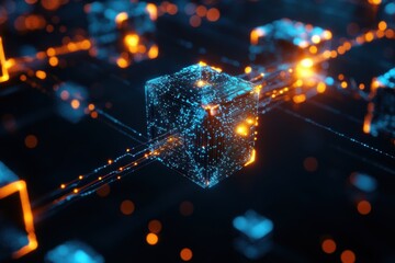 Abstract Digital Cube with Glowing Lines and Bokeh