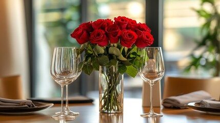 A vase with a bouquet of red roses, on a dining table set for two