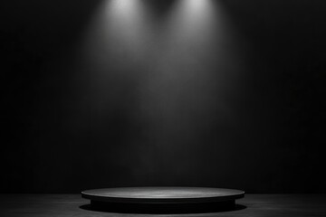 Blank black table platform with bright spotlight isolated on black wall, empty table - place for product placement and text and design, empty place table stage podium hight quality, ai