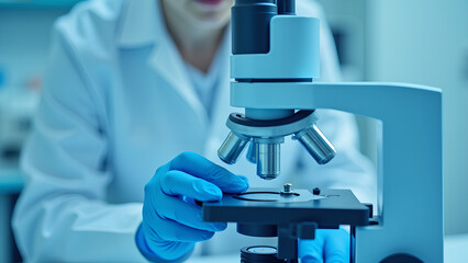 Wall Mural - Microscope setup in a laboratory A scientist is adjusting the focus with blue gloves An essential tool for biological and medical research