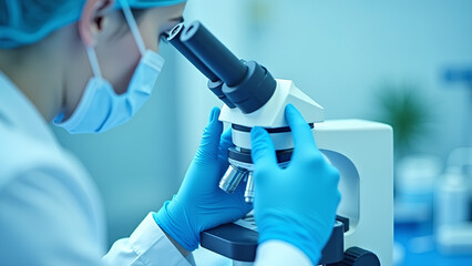 Wall Mural - Microscope setup in a laboratory A scientist is adjusting the focus with blue gloves An essential tool for biological and medical research