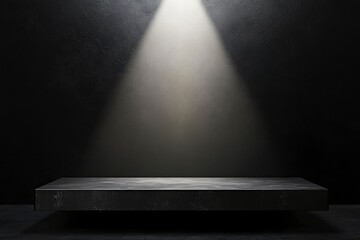 Blank black table platform with bright spotlight isolated on black wall, empty table - place for product placement and text and design, empty place table stage podium hight quality, ai