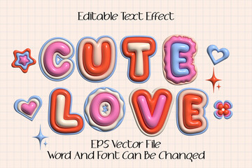 Wall Mural - cute love 3d inflated text style. glossy pastel color inflated editable vector text effect