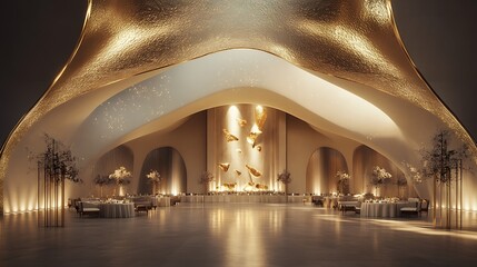 Wall Mural - Luxurious Event Hall with Sculptural Ceiling Design, Gold Leaf Accents, and a Softly Illuminated Interior for Exclusive Celebrations