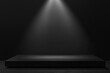 © ImronDesign - Blank black table platform with bright spotlight isolated on black wall, empty table - place for product placement and text and design, empty place table stage podium hight quality, ai