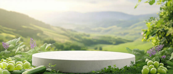 Elegant podium set in lush greenery, perfect for showcasing products against a serene, natural backdrop.