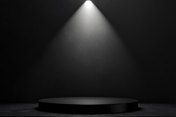 Blank black table platform with bright spotlight isolated on black wall, empty table - place for product placement and text and design, empty place table stage podium hight quality, ai