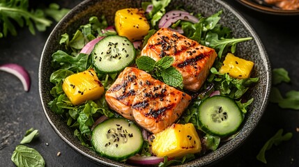 Wall Mural - Top view of a healthy keto salad with grilled salmon, fresh green leaves, cucumber, red onion, mint, and pineapple, showcasing bright colors and realism.