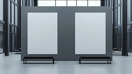 3D Industrial Gallery Rendering with Two Blank White Partitions, Black Benches, and Gray Wall Background for Poster Displays