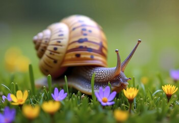 A close-up of a snail shell resting on green grass