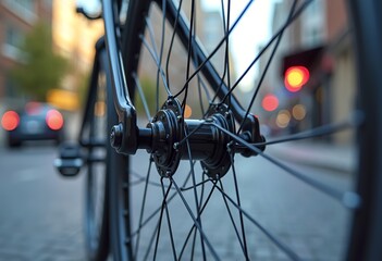 A close-up of a bicycle wheel hub with a metallic hub and spokes