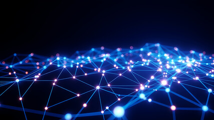 Wall Mural - a digital network of interconnected nodes and lines glowing in a dark blue background