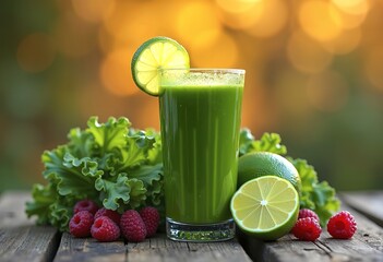 A glass filled with a bright green smoothie or juice, surrounded by fresh green leaves and berries on a wooden surface