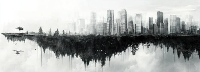 Inverted Cityscape with Trees and Birds