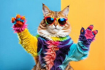 Wall Mural - A cat wearing sunglasses and a blue shirt