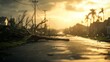 © Paul - Wide-angle view of a hurricane-stricken neighborhood, fallen trees interspersed with destroyed buildings, soft natural lighting, Digital illustration, Warm earth tones.