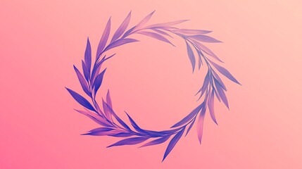 A vibrant circular wreath made of delicate purple leaves against a soft pink gradient background.