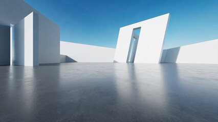 3d render of abstract modern architecture with empty concrete floor, minimal white exterior, car pre