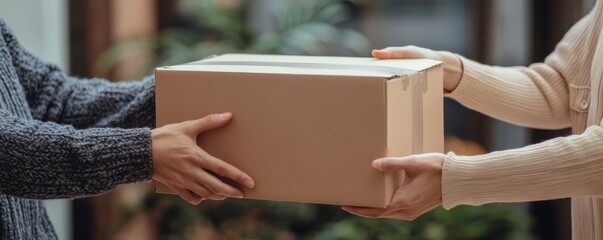 hands exchanging a cardboard box, symbolizing delivery and connection between people in a modern set