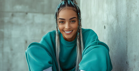 A woman with long hair and blue clothing is smiling