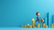 © AKE - A stylized character climbing coins representing financial growth, set against a vibrant blue background.